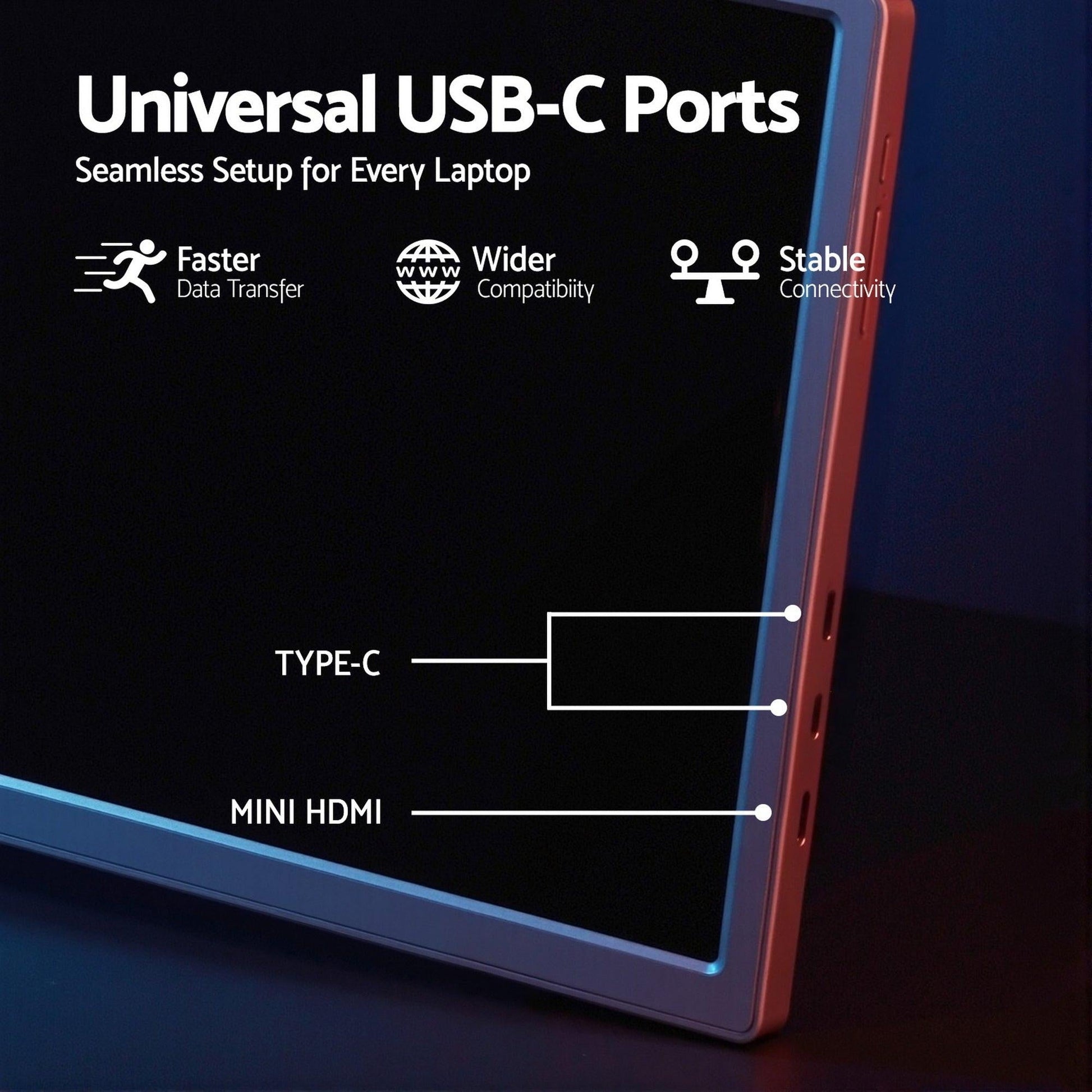 Devanti Portable Monitor Laptop Screen Extender Dual Display 1080P IPS USB C.