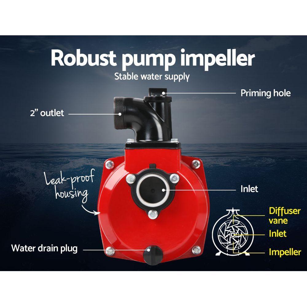 Giantz Petrol Water Pump, 2" 7HP Max High Flow Transfer Fire Fighting Pumps Rain Tank Oil Irrigation Garden Farm Pond Outdoor Irrigations, with Hose Fittings Inlet Filter Rubber Feet Black Red.