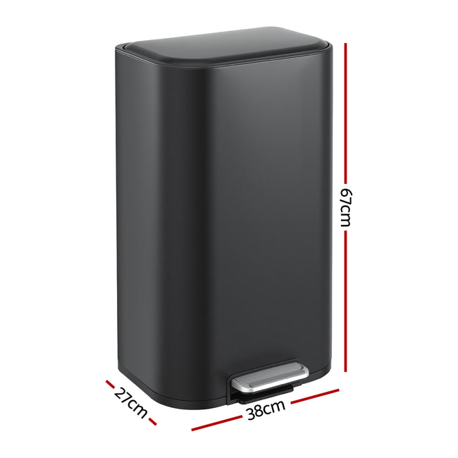 Cefito Kitchen Trash Can 40L Pedal Bins Rubbish Bin Steel with Soft Close Lid, Removable Inner Bucket, Rectangular Garbage Can Recycling Bin, Black Main Image