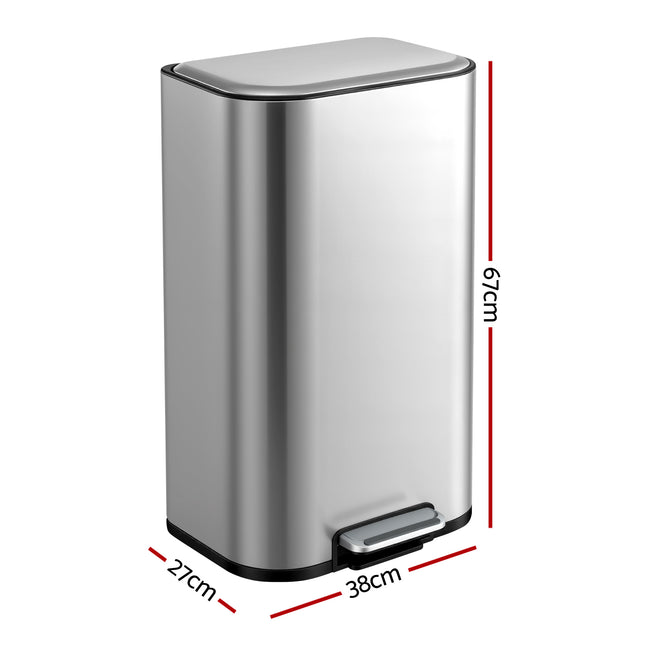Cefito Kitchen Trash Can 40L Pedal Bins Rubbish Bin Steel with Soft Close Lid, Removable Inner Bucket, Rectangular Garbage Can Recycling Bin, Silver Main Image