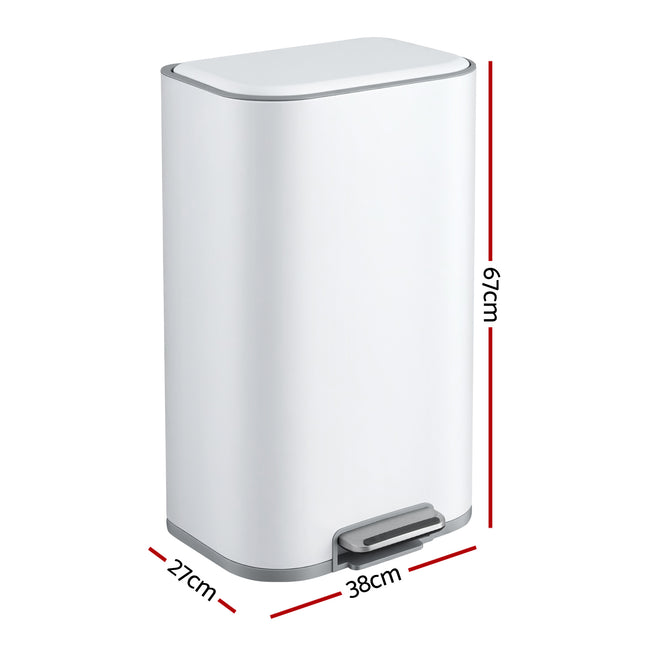 Cefito Kitchen Trash Can 40L Pedal Bins Rubbish Bin Steel with Soft Close Lid, Removable Inner Bucket, Rectangular Garbage Can Recycling Bin, White Main Image
