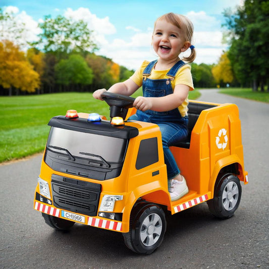 Rigo Kids Ride On Car Garbage Truck Police Light 12V Electric Toys Cars Yellow.