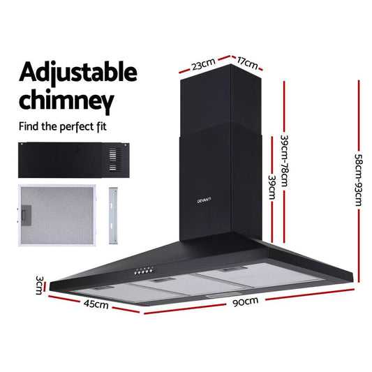 Devanti 900mm Range Hood 90cm Rangehood Black.