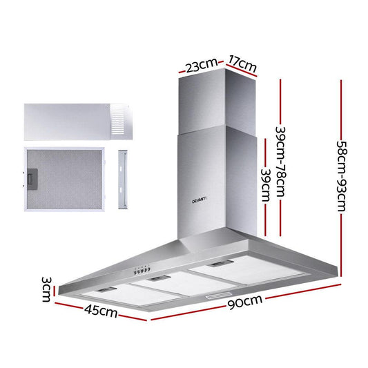 Devanti 900mm Range Hood 90cm Rangehood Stainless Steel.