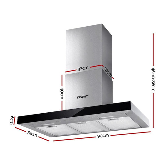 Devanti 900mm Range Hood 90cm Rangehood Glass Stainless Steel.