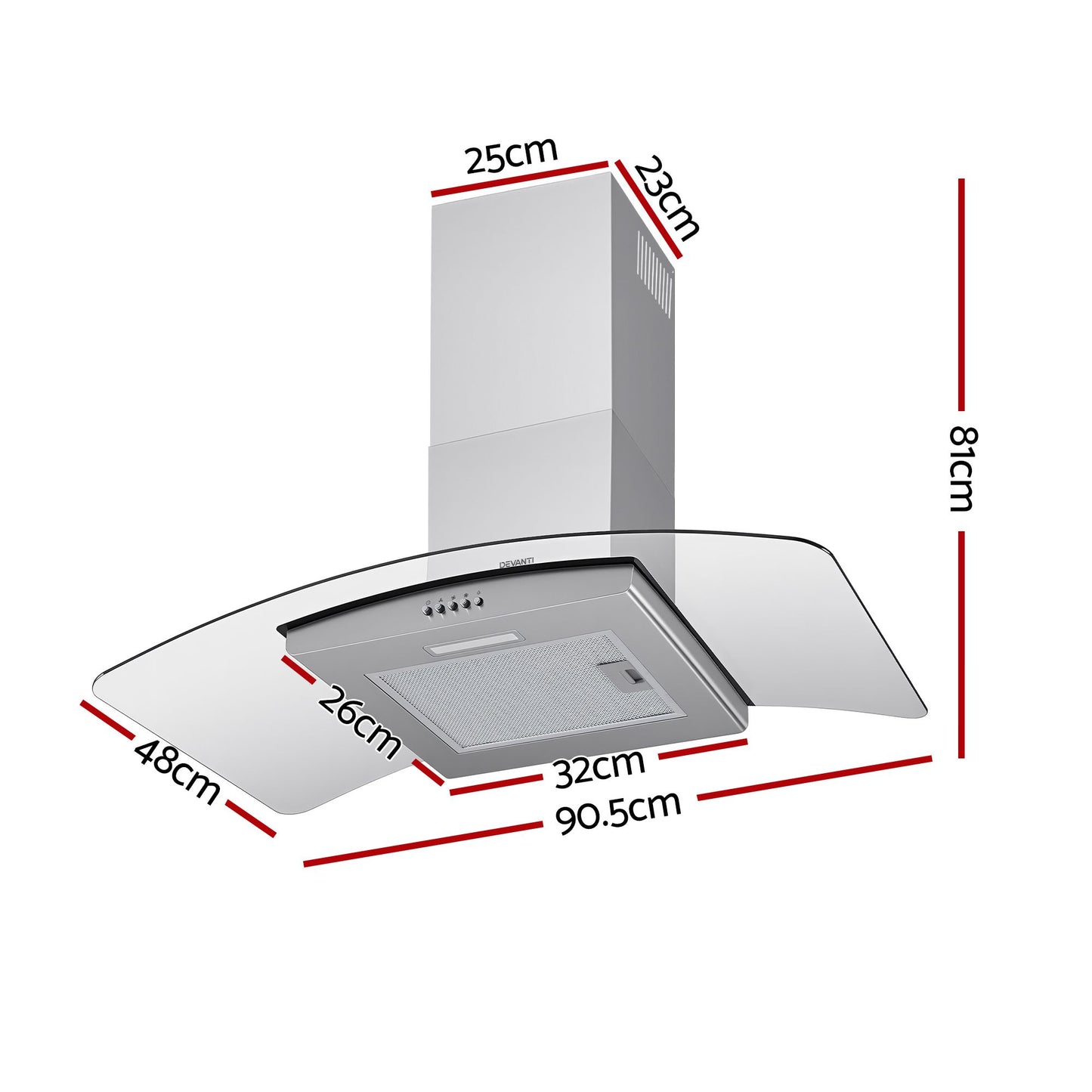 Devanti 90cm Range Hood Curved Glass Canopy Rangehood Kitchen Exhaust Fan
