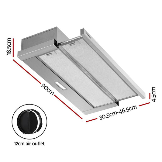 Devanti 900mm Range Hood 90cm Slide out Rangehood Stainless Steel.
