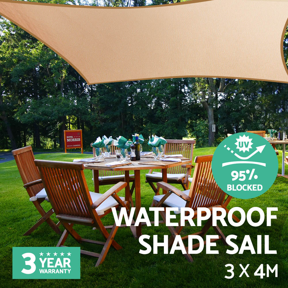 Instahut Waterproof Shade Sail 3x4m Rectangle Sand 95% Shade Cloth.