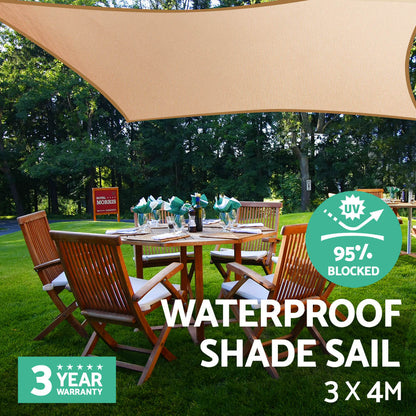 Instahut Waterproof Shade Sail 3x4m Rectangle Sand 95% Shade Cloth.