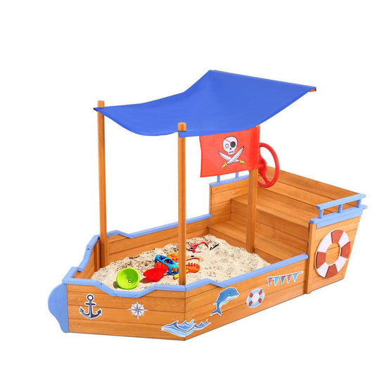 Keezi Kids Sandpit Wooden Boat Sand Pit with Canopy Bench Seat Beach Toys 165cm.