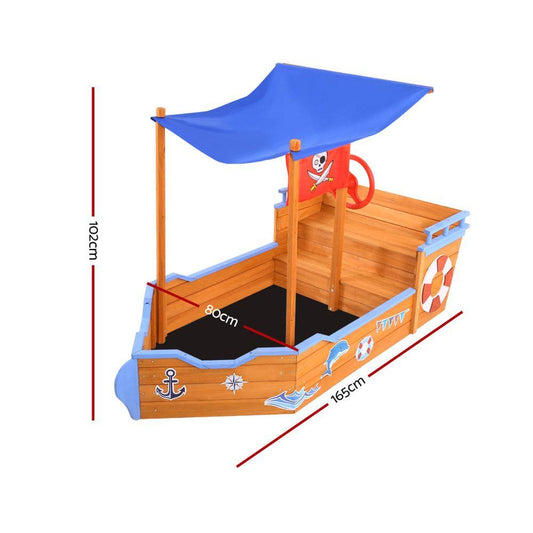 Keezi Kids Sandpit Wooden Boat Sand Pit with Canopy Bench Seat Beach Toys 165cm.