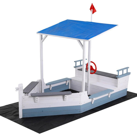 Keezi Kids Sandpit Wooden Box Boat Canopy Flag Outdoor Toys Children Blue.