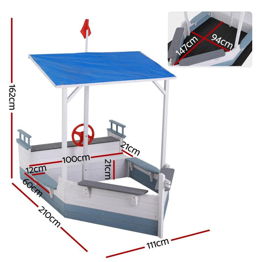 Keezi Kids Sandpit Wooden Box Boat Canopy Flag Outdoor Toys Children Blue.