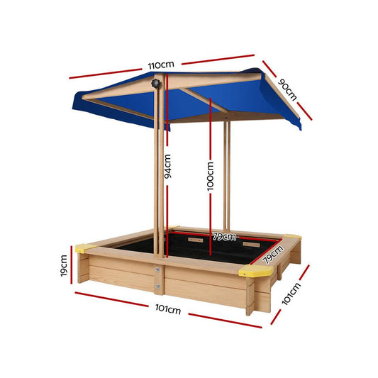 Keezi Kids Sandpit Wooden Sandbox Sand Pit with Canopy Bench Seat Toys 101cm.