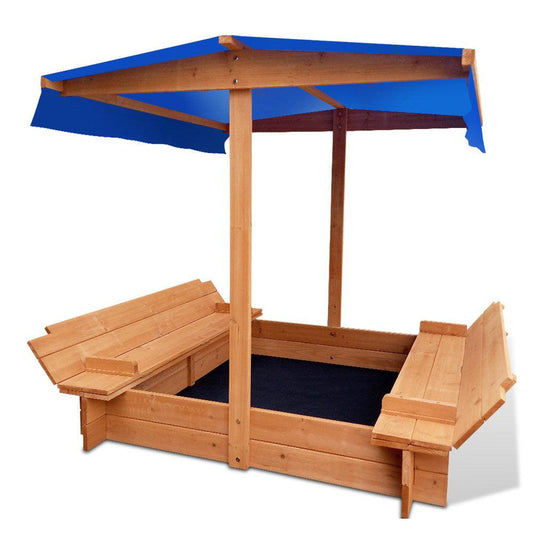 Keezi Kids Sandpit Wooden Sandbox Sand Pit with Canopy Foldable Seat Toys 120cm.