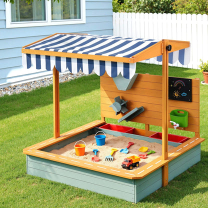 Keezi Kids Sandpit Wooden Canopy Sandbox With Cover Funnel Outdoor Toys 110cm Green.