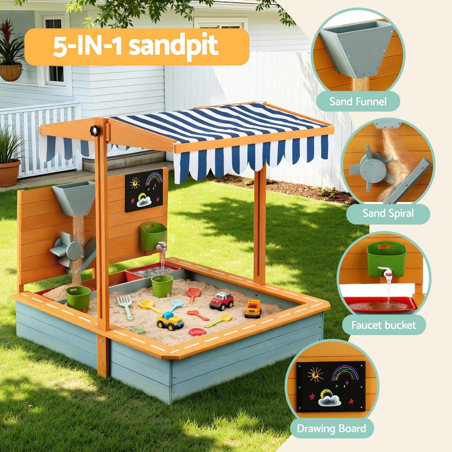 Keezi Kids Sandpit Wooden Canopy Sandbox With Cover Funnel Outdoor Toys 110cm Green.