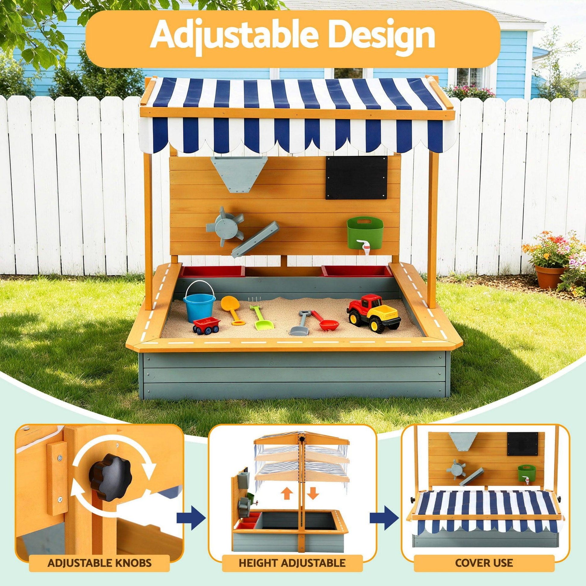 Keezi Kids Sandpit Wooden Canopy Sandbox With Cover Funnel Outdoor Toys 110cm Green.