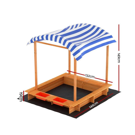 Keezi Kids Sandpit Wooden Sandbox Sand Pit with Canopy Water Basin Toys 146cm.
