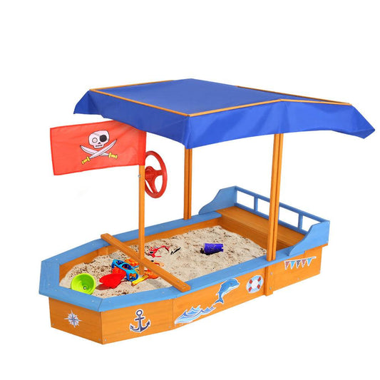Keezi Kids Sandpit Wooden Boat Sand Pit with Canopy Bench Seat Beach Toys 150cm.