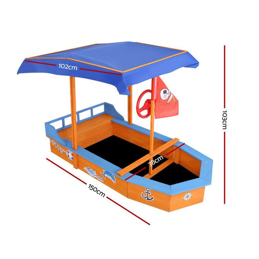 Keezi Kids Sandpit Wooden Boat Sand Pit with Canopy Bench Seat Beach Toys 150cm.
