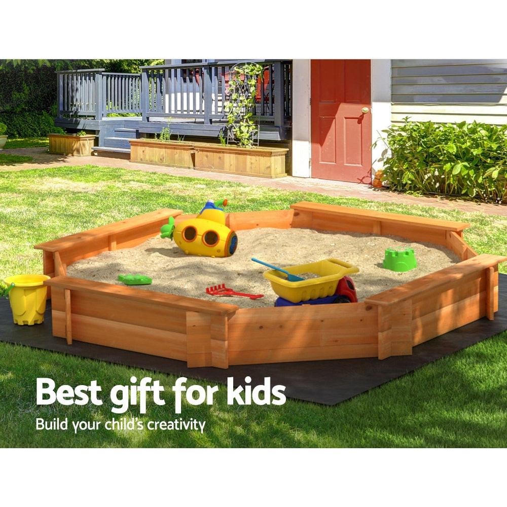 Keezi Kids Sandpit Wooden Round Sand Pit with Cover Bench Seat Beach Toys 182cm.