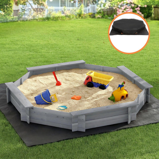 Keezi Kids Sandpit Wooden Round Sand Pit with Cover Bench Seat Beach Toys 182cm Grey.