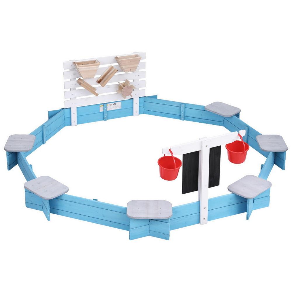 Keezi Kids Sandpit Wooden Round Sand Pit Funnel Bench Seat Beach Toys 215cm.