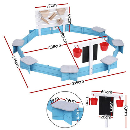 Keezi Kids Sandpit Wooden Round Sand Pit Funnel Bench Seat Beach Toys 215cm.
