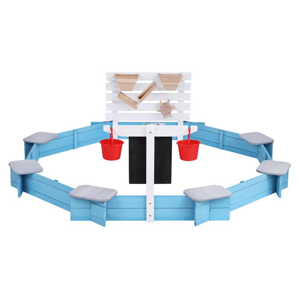 Keezi Kids Sandpit Wooden Round Sand Pit Funnel Bench Seat Beach Toys 215cm.