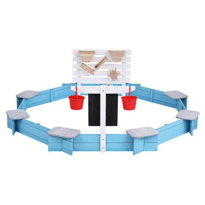 Keezi Kids Sandpit Wooden Round Sand Pit Funnel Bench Seat Beach Toys 215cm.