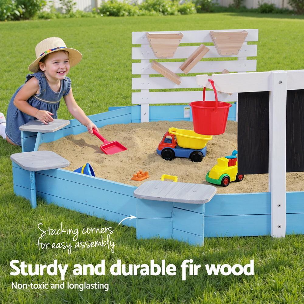 Keezi Kids Sandpit Wooden Round Sand Pit Funnel Bench Seat Beach Toys 215cm.