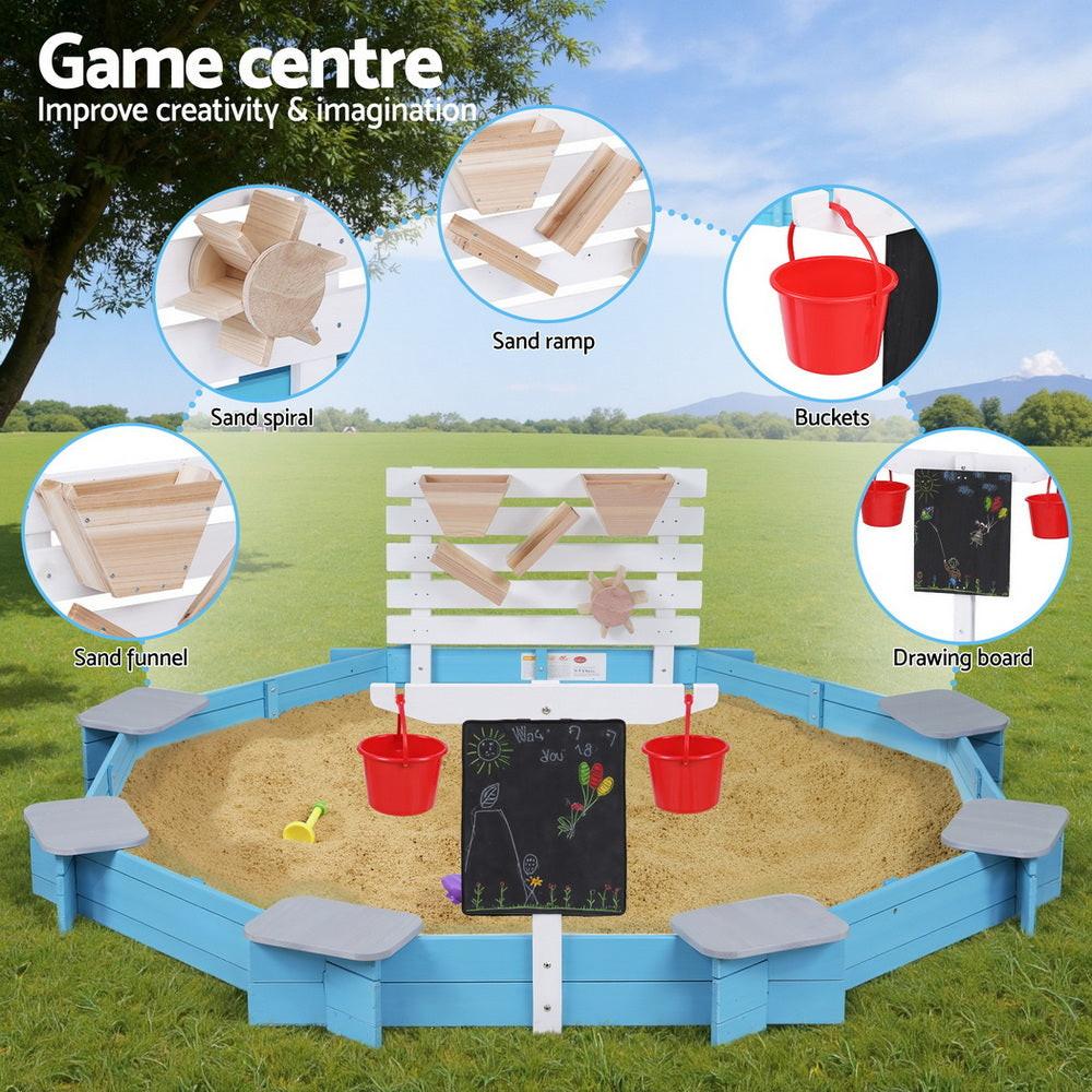 Keezi Kids Sandpit Wooden Round Sand Pit Funnel Bench Seat Beach Toys 215cm.