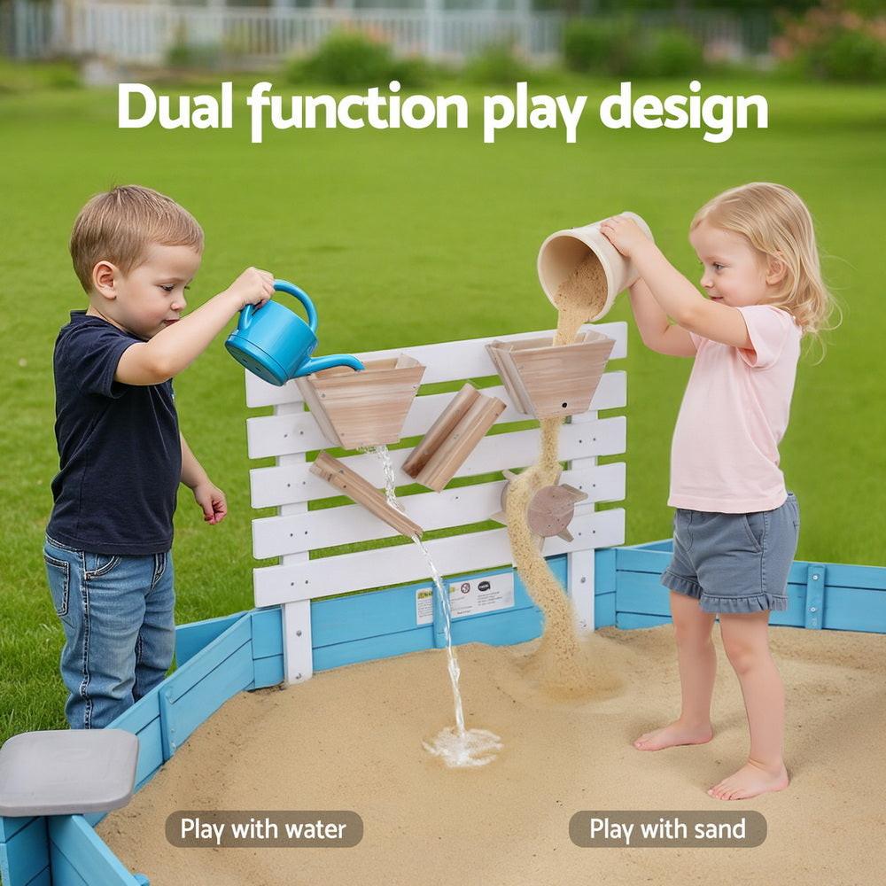 Keezi Kids Sandpit Wooden Round Sand Pit Funnel Bench Seat Beach Toys 215cm.