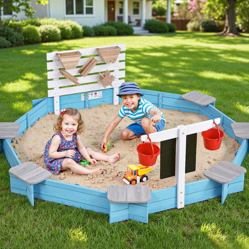 Keezi Kids Sandpit Wooden Round Sand Pit Funnel Bench Seat Beach Toys 215cm.