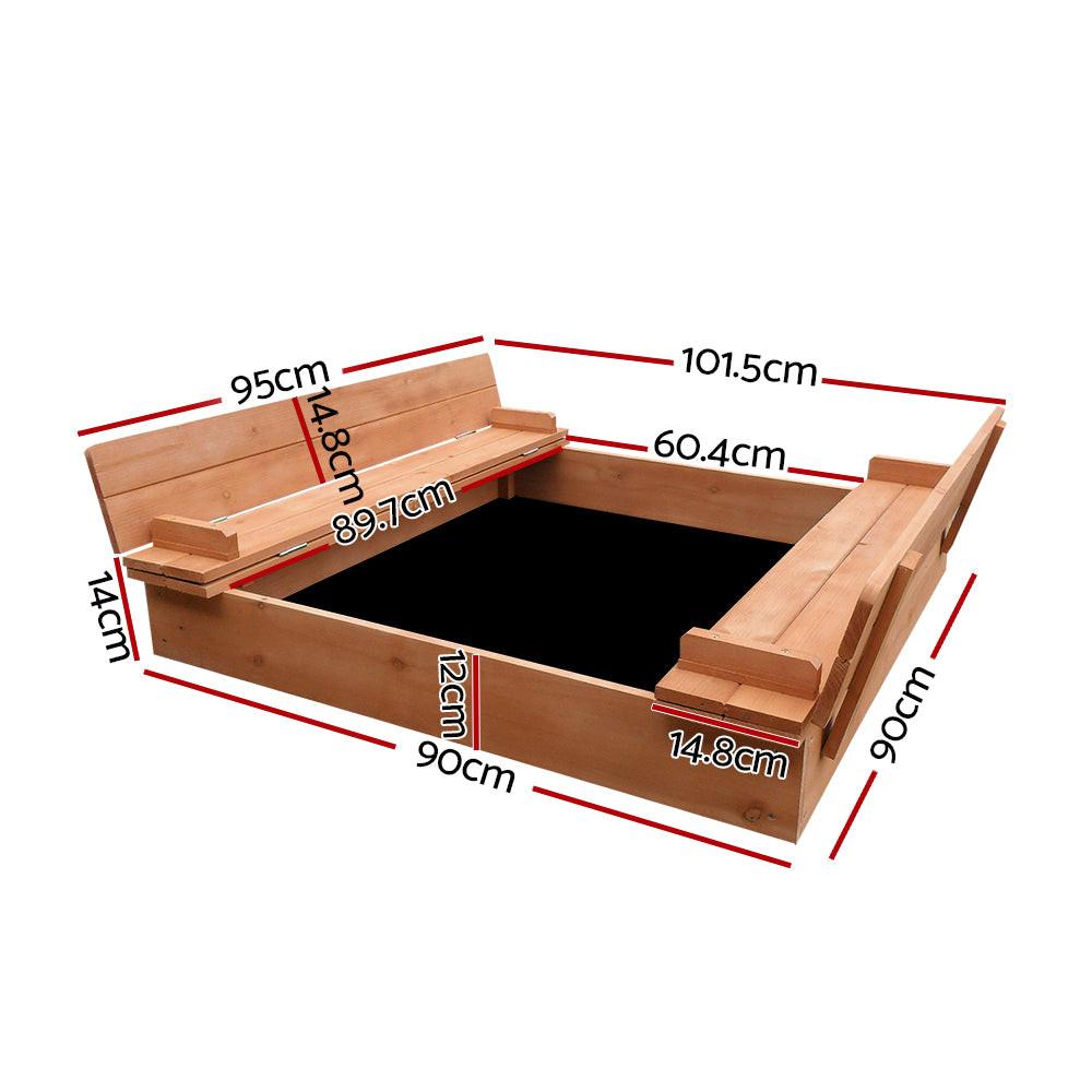 Keezi Kids Sandpit Wooden Sandbox Sand Pit Foldable Seat Outdoor Beach Toys 90cm.
