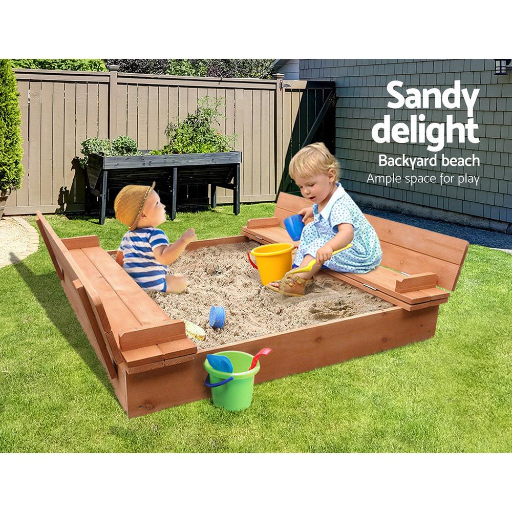 Keezi Kids Sandpit Wooden Sandbox Sand Pit Foldable Seat Outdoor Beach Toys 90cm.