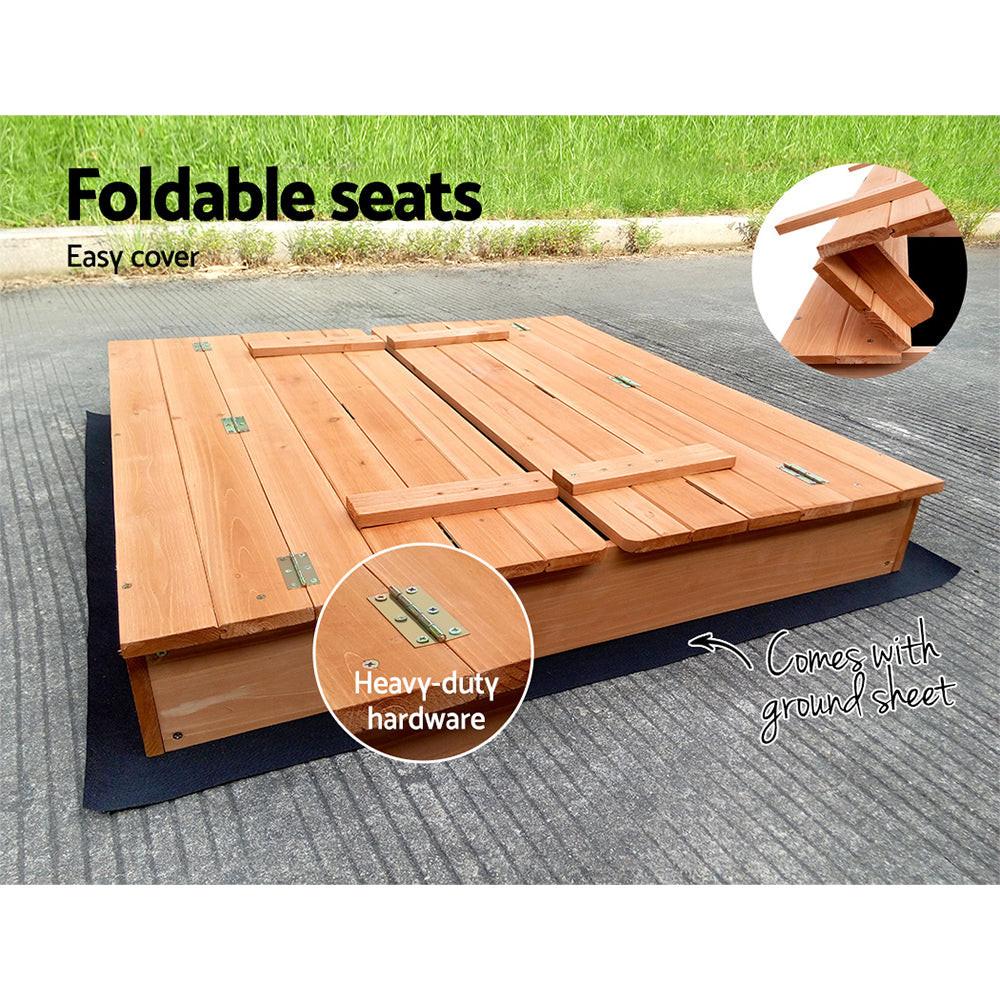 Keezi Kids Sandpit Wooden Sandbox Sand Pit Foldable Seat Outdoor Beach Toys 90cm.