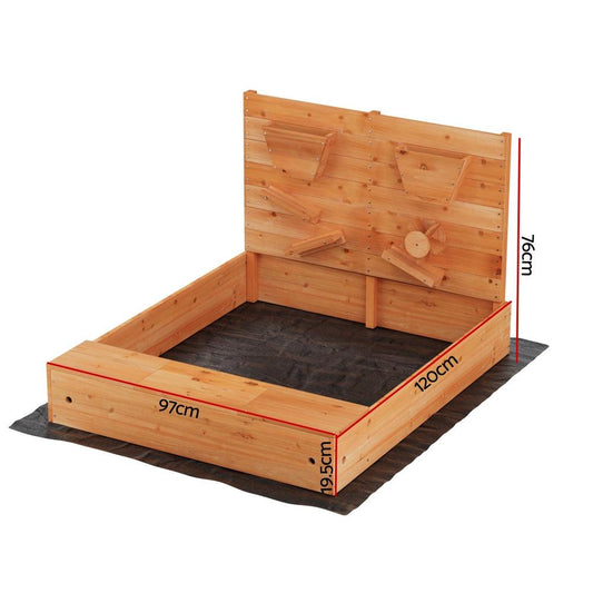 Keezi Kids Sandpit Wooden Sandbox Sand Pit with Cover Funnel Outdoor Toys 120cm.