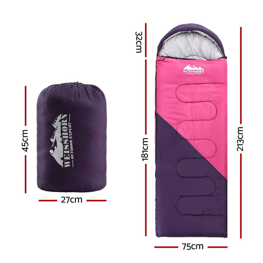 Weisshorn Sleeping Bag Single 213cm Thermal Camping Hiking Pink.