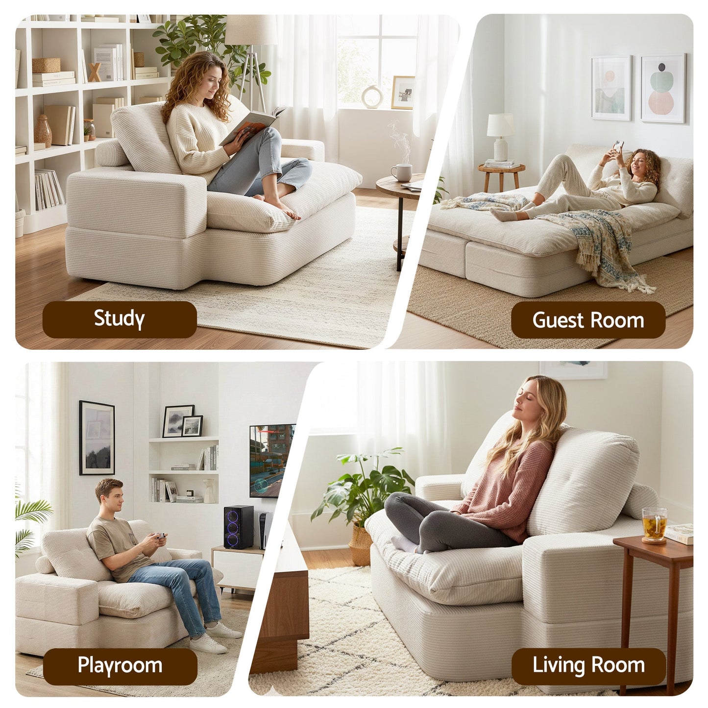 Artiss Convertible Folding Sofa Bed 30D High-Density Foam Boneless Couch with Corduroy Sleeper Couch Lounger for Living Room Beign