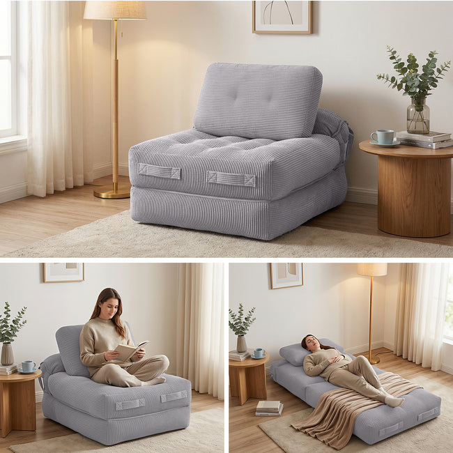 Artiss 1 Seater Corduroy Convertible Sofa Bed Pull Out Boneless Couch Grey Hover Image