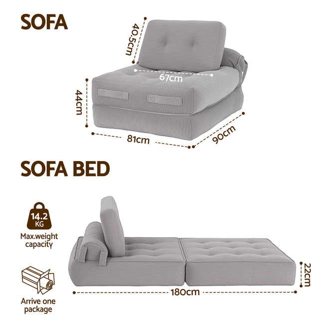 Artiss 1 Seater Corduroy Convertible Sofa Bed Pull Out Boneless Couch Grey Main Image