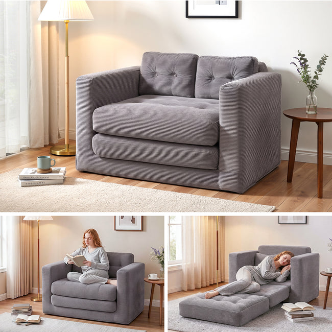 Artiss 2 Seater Corduroy Convertible Sofa Bed Pull Out Boneless Couch Grey Hover Image