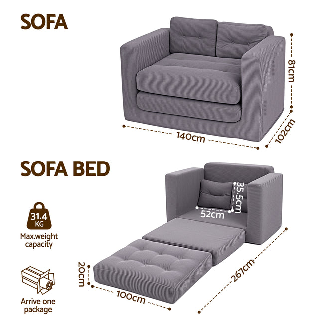 Artiss 2 Seater Corduroy Convertible Sofa Bed Pull Out Boneless Couch Grey Main Image