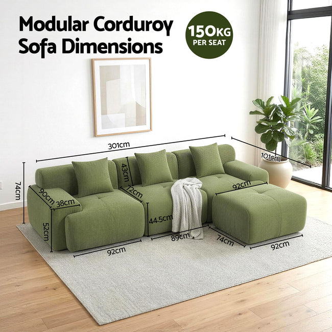 Artiss 300cm Modular Sofa Bed Comfort L-Shaped Sectional Boneless Couch Green Main Image