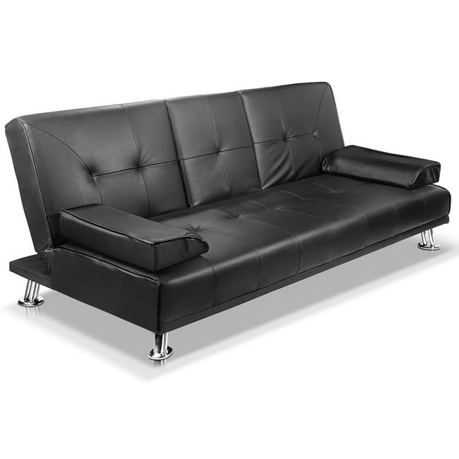 Artiss Sofa Bed Lounge Convertible Leather Couch Bed 3 Seater Cupholder Recliner Hover Image