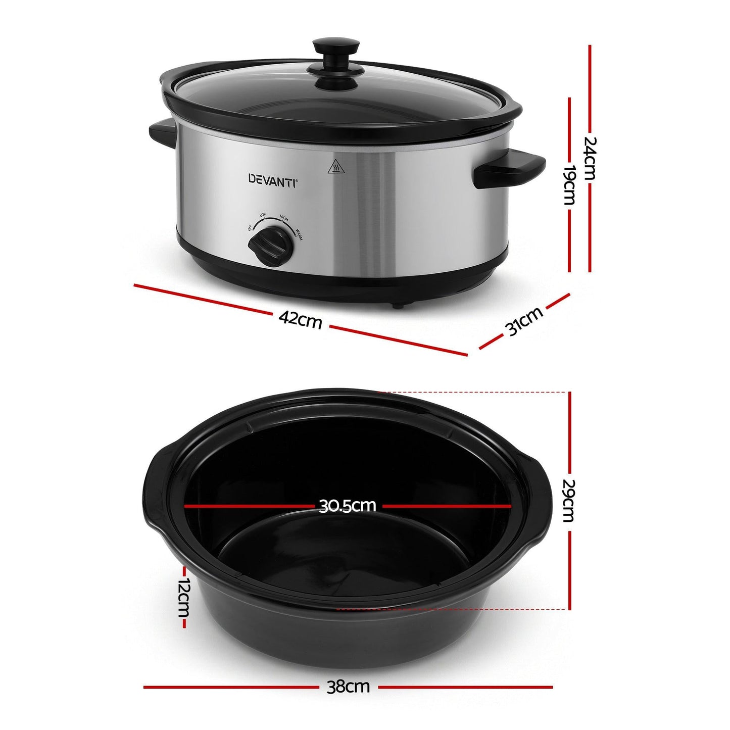 Devanti 6.5L Slow Cooker Electric Multi Cooker with 3 Heat Settings and Keep Warm Function.