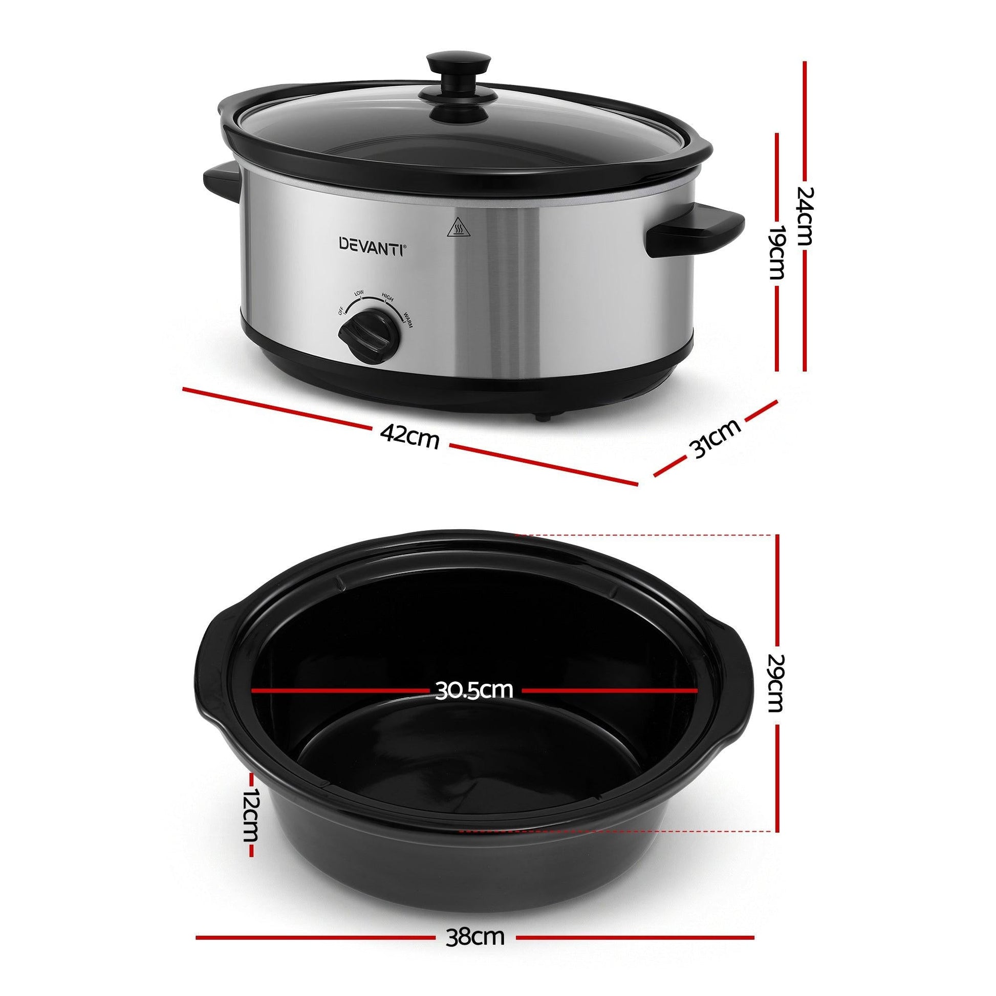 Devanti 6.5L Slow Cooker Electric Multi Cooker with 3 Heat Settings and Keep Warm Function.