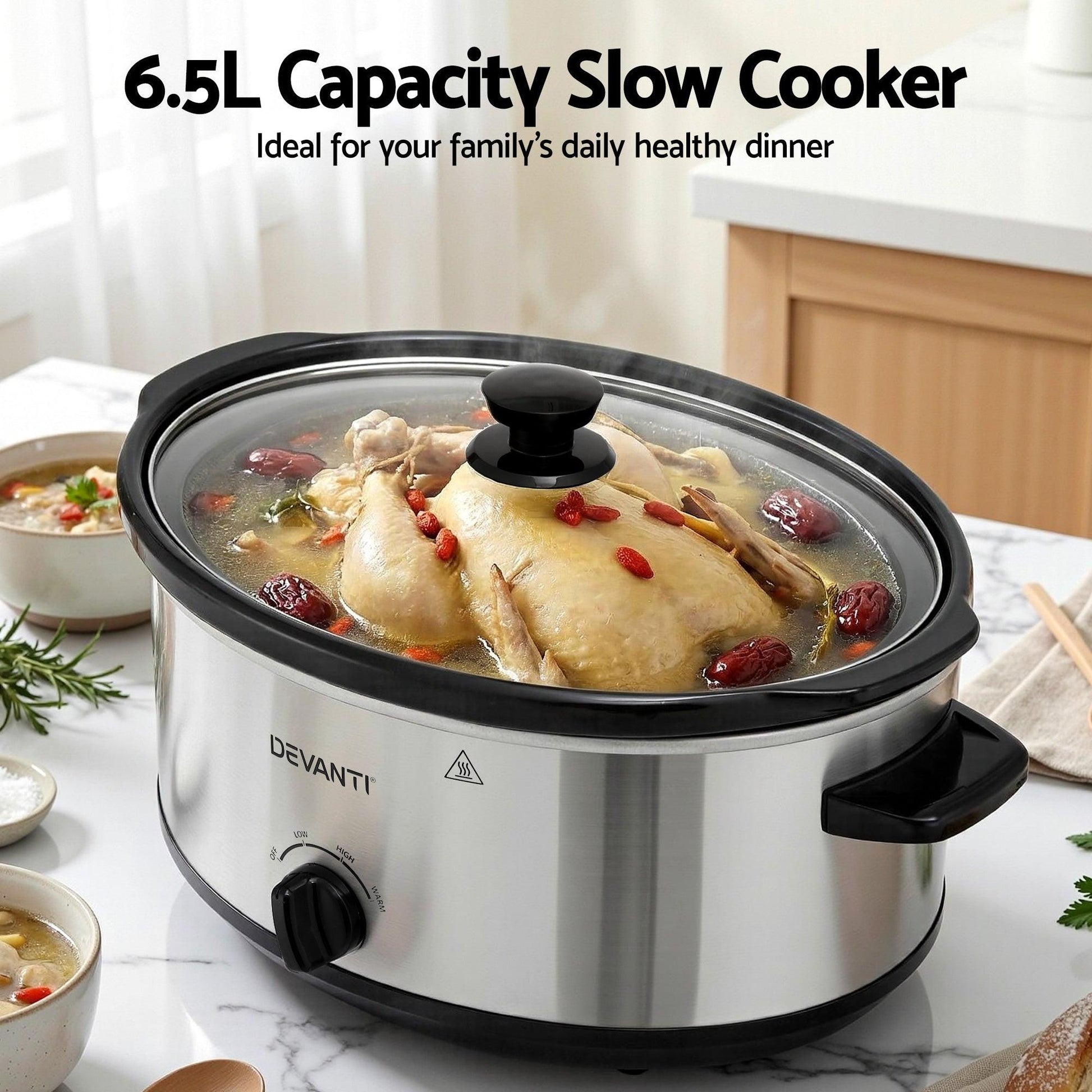 Devanti 6.5L Slow Cooker Electric Multi Cooker with 3 Heat Settings and Keep Warm Function.